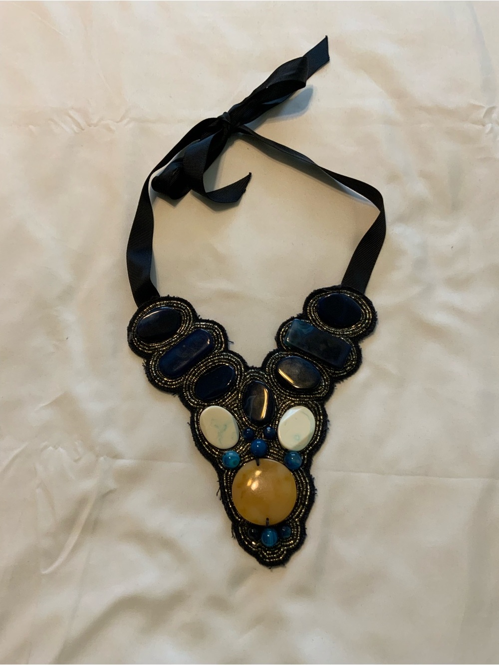 Chicos Statement Beaded Bib Necklace Black w/Blue Cream Agate stones ribbon ties